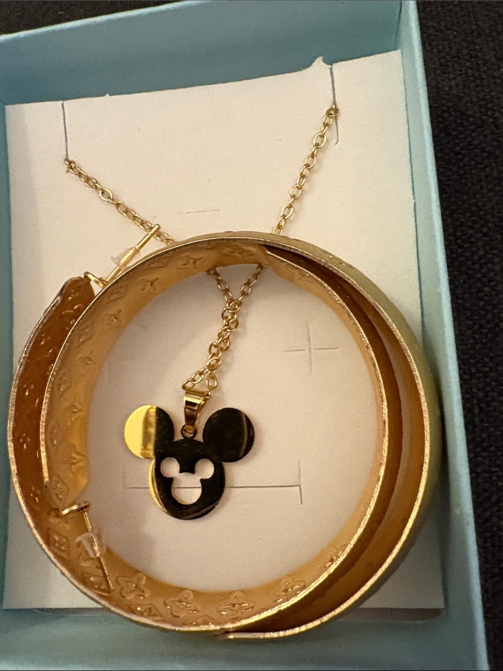 Gold-tone Mickey Mouse Pendant Necklace and Bangle Set